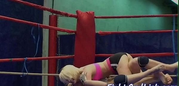 Lesbian babe licks pussy in a boxing ring